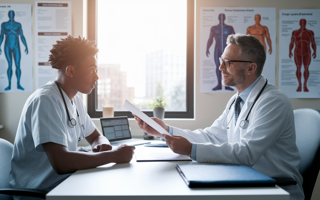 A focused medical student is sitting at a well-organized desk in an office, discussing their achievements and experiences with an attentive mentor. The mentor, an experienced physician, is reviewing a CV and personal statement, providing insights into the residency application process. The room is filled with inspiring medical posters and a window reveals a bright day outside, symbolizing hope and guidance.