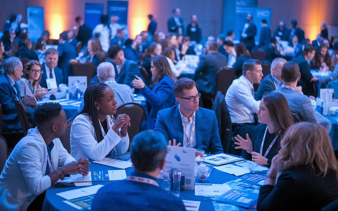 A group of medical professionals at a conference, immersed in conversation. Diverse individuals, including DOs attending workshops and seminars, exchange ideas and share experiences. Tables are adorned with medical literature and banners from various organizations. The atmosphere is vibrant, filled with energy and collaboration as attendees connect and form partnerships, with warm lighting illuminating the lively scene.