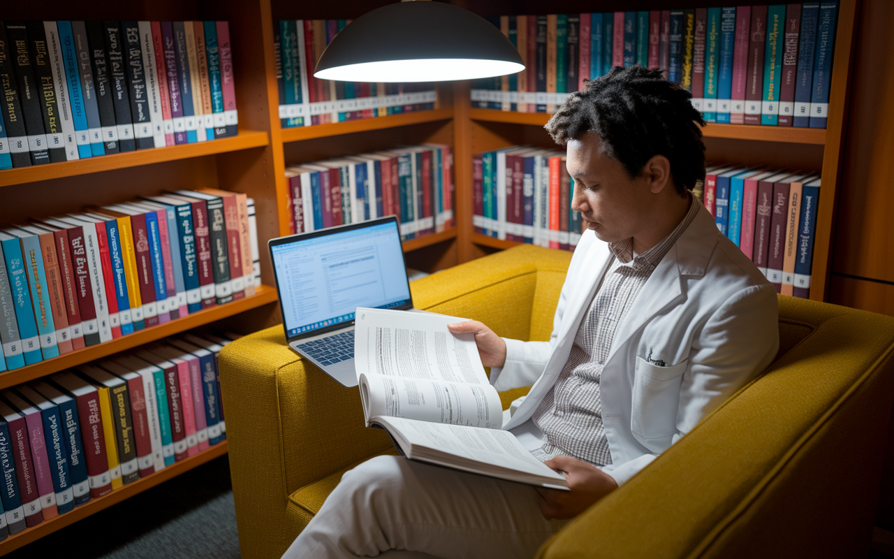 An engaged medical student sits in a cozy corner of a library, surrounded by books on healthcare trends and reforms. The student is attentively reading a journal article on patient-centered care, with a laptop open beside them displaying relevant research. The setting is warm and inviting with a reading lamp casting a soft glow, symbolizing the pursuit of knowledge and commitment to staying informed in the medical field.