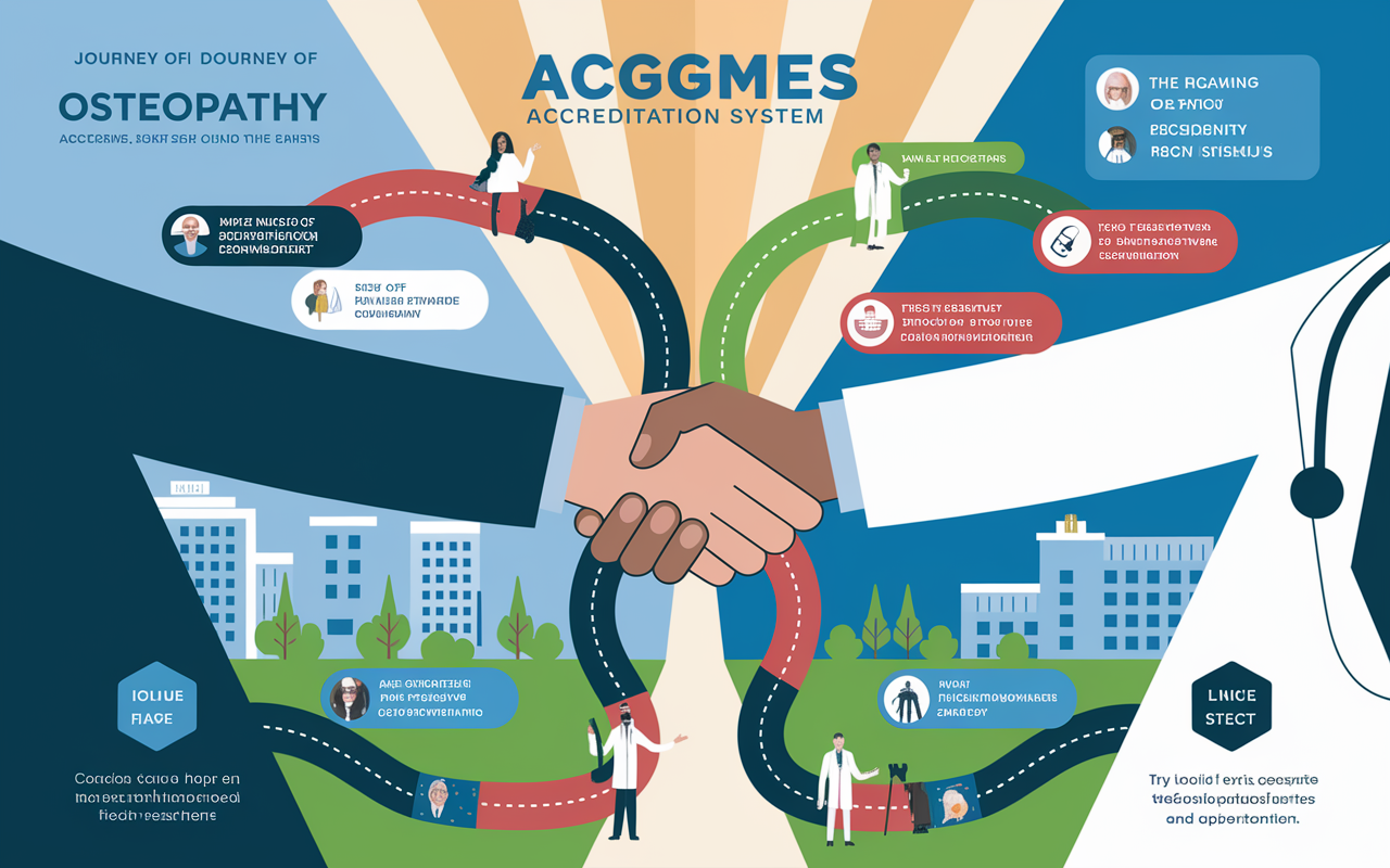 A dynamic infographic illustrating the journey of Doctors of Osteopathy (DOs) into the ACGME accreditation system. The visual includes a blend of images: a DO shaking hands with an MD, pathways leading to various residency programs, and a background featuring a hospital. The overall atmosphere radiates hope and collaboration, while the colors are vibrant and uplifting to enhance the sense of opportunity and integration.