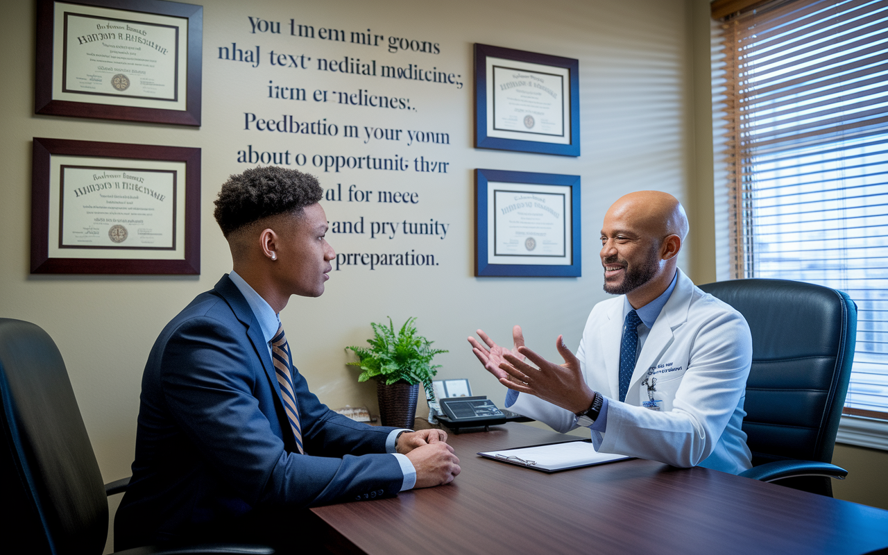 An aspiring resident in professional attire, sitting across from a mentor in a well-lit office, engaged in a mock interview. The mentor, an experienced physician, is giving feedback. The walls are adorned with medical diplomas and inspirational quotes about medicine. The atmosphere conveys seriousness and opportunity for growth, with a warm ambiance highlighting personal engagement and preparation.