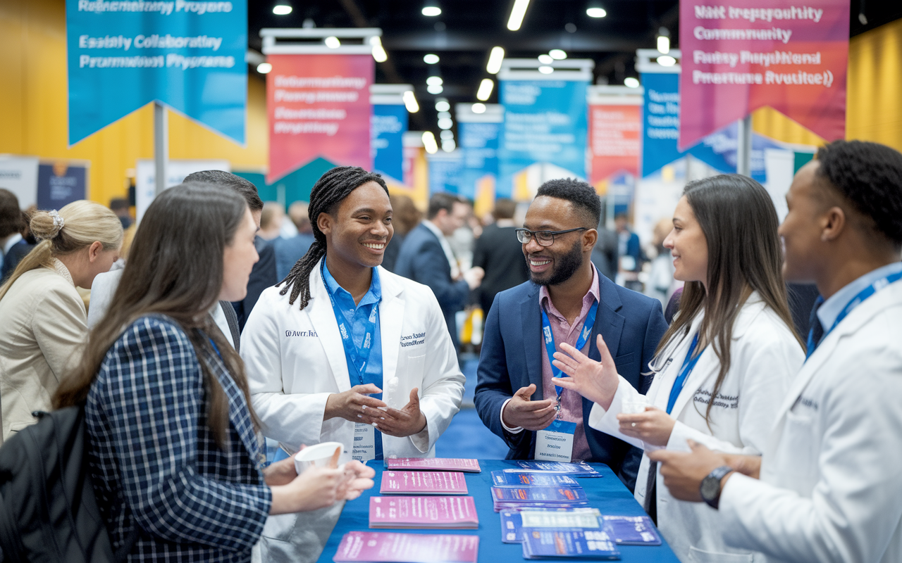 A vibrant scene at a medical conference, with a diverse group of DOs and MDs networking, engaged in discussions at a booth. Bright banners and informational pamphlets about residency programs adorn the background. The atmosphere is lively and encouraging, filled with opportunities for collaboration, with warm lighting and a sense of community among future physicians.