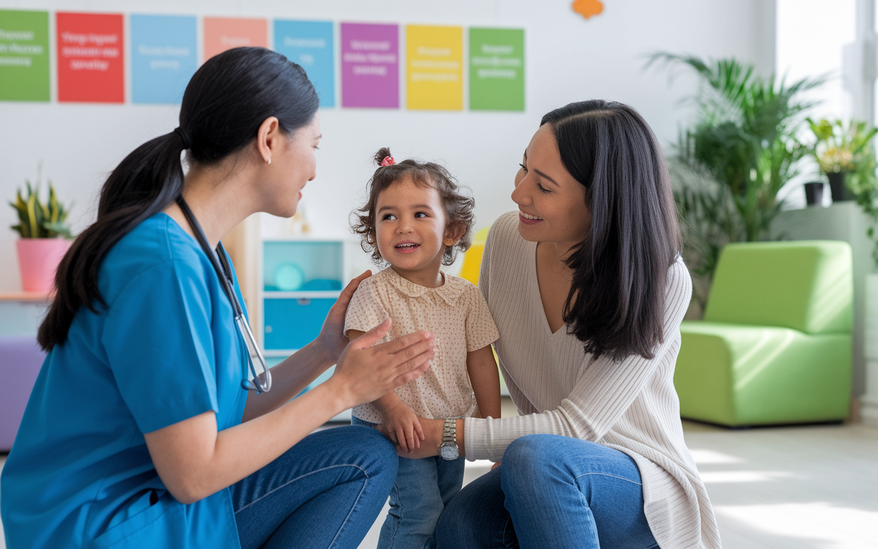 A compassionate volunteer at a community health clinic helping a young child and their mother, showcasing the warmth of patient care. The volunteer, a South Asian female, is kneeling down to communicate with the child, who appears curious and happy, while the mother looks on with gratitude. The clinic is bright and welcoming, filled with colorful educational materials on the walls, lush plants, and soft, inviting furniture that creates an atmosphere of trust and comfort.