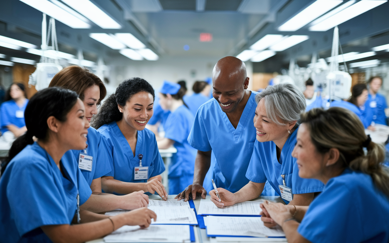 A collaborative scene of volunteers working together in a hospital environment, showcasing teamwork in action. A group of smiling volunteers from diverse backgrounds, including Hispanic, Black, and Asian individuals, are gathered around a nursing station discussing strategies while reviewing patient charts. Bright, fluorescent lights illuminate the frank, determined expressions on their faces, highlighting their commitment to patient care. The background features busy nurses attending to patients, creating a dynamic and bustling healthcare atmosphere.