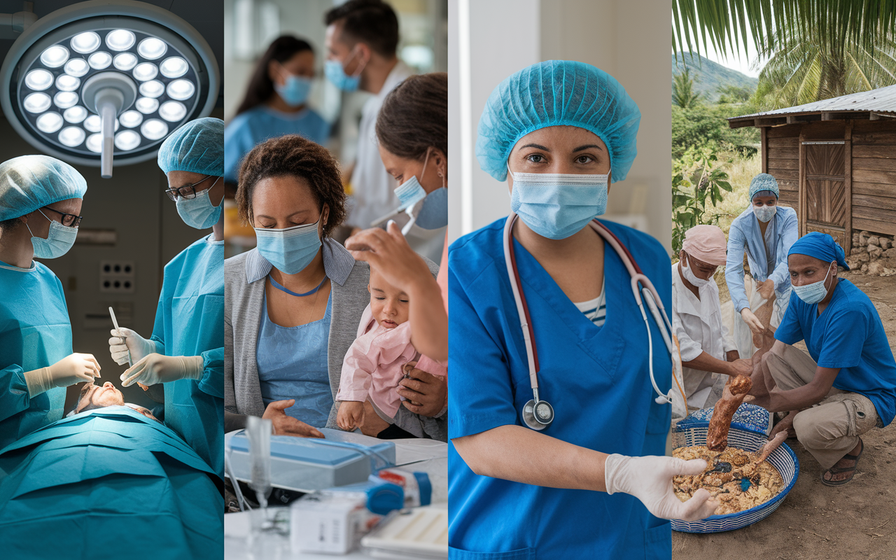 A collage of diverse volunteer experiences in healthcare settings, including a volunteer in a surgery room observing a procedure, another assisting in a community health clinic with parents and children, and a third volunteer participating in an international health mission in a rural village, treating patients outdoors. This dynamic scene showcases the variety and richness of volunteering opportunities available, enhanced by vibrant colors and emotive expressions of dedication and service.