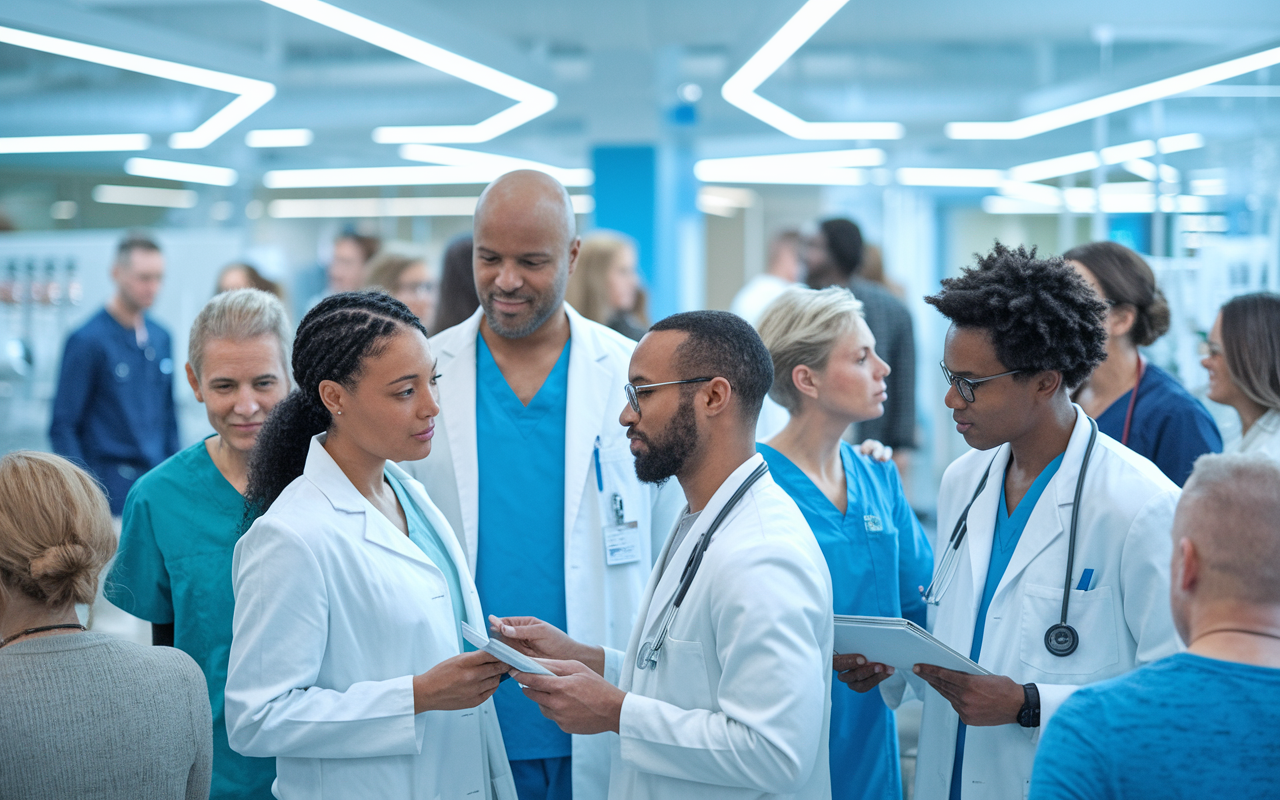 A diverse group of medical professionals—DOs and MDs alike—working collaboratively in a hospital setting. The environment is busy yet inviting, showcasing teamwork and camaraderie. Bright overhead lights illuminate the space, emphasizing the energy and shared mission of patient care. Doctors are interacting with patients and discussing cases, reflecting a melting pot of backgrounds and specialties.