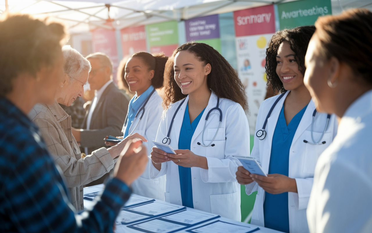 An engaging scene illustrating a group of medical students, including DO students, volunteering at a community health fair. They provide free health screenings and educational materials to diverse community members. The warm sunlight creates a friendly atmosphere, while colorful banners emphasize health awareness. The students are smiling and clearly enthusiastic about their role in serving the community.