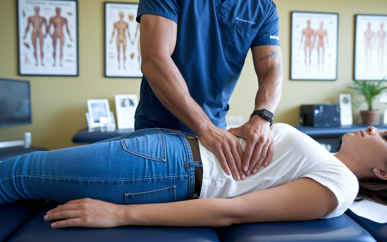 A close-up view of a DO student practicing Osteopathic Manipulative Treatment (OMT) on a patient in a well-lit clinic environment. The patient is relaxed on an examination table while the student demonstrates precision and care in their technique. The background features medical charts, anatomical posters, and a welcoming atmosphere, highlighting the holistic approach to patient care that DOs embody.