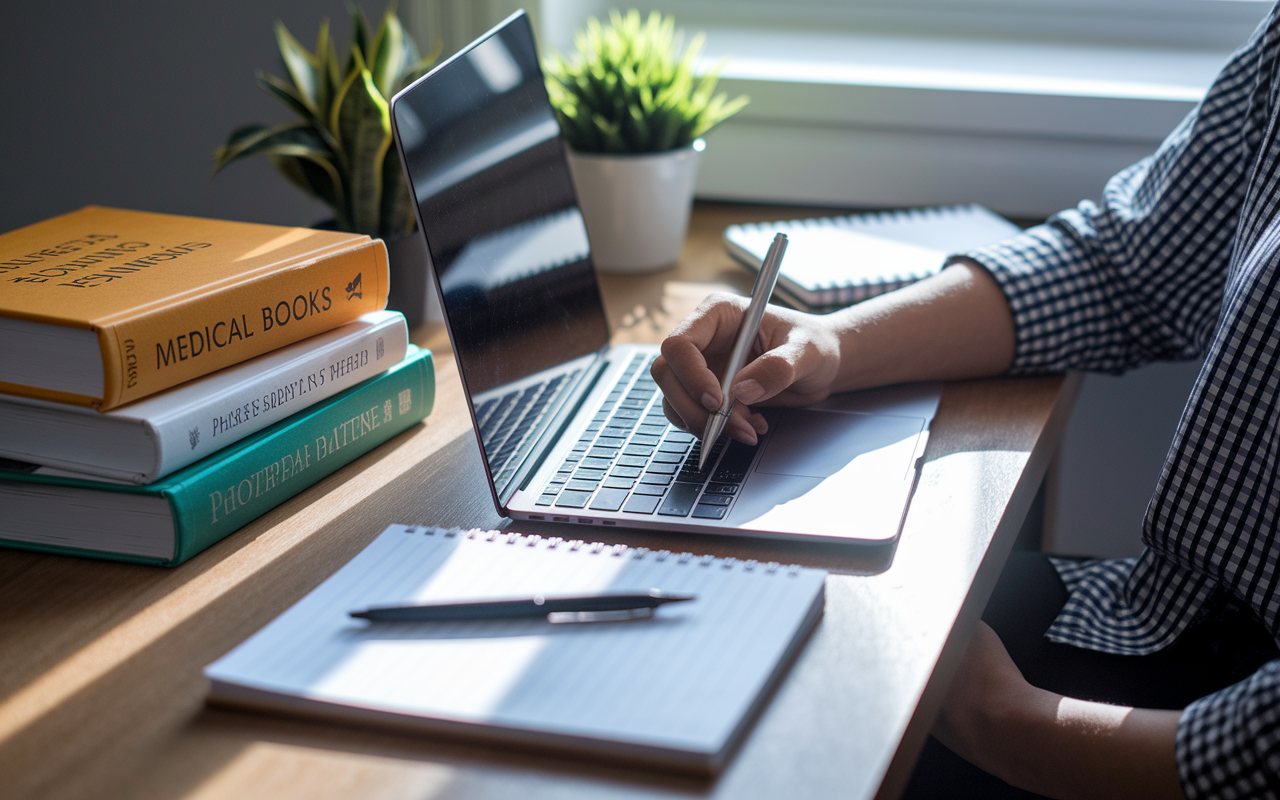 A serene workspace depicting a DO student carefully drafting their personal statement on a laptop, surrounded by inspiring medical books and a notepad filled with ideas. The desk is well-organized, with a small plant adding a touch of life, and natural daylight streaming in, creating a calm and motivating atmosphere conducive to creativity.