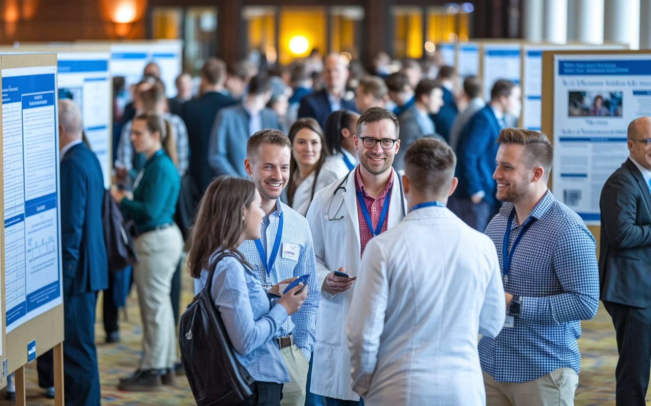 A vibrant scene at a medical conference where DO students engage with experienced physicians and mentors in conversation. The venue is filled with posters showcasing medical research, and participants are dressed in professional attire. The atmosphere is energetic, with individuals exchanging contact information and sharing insights about residency programs in a warmly lit environment.