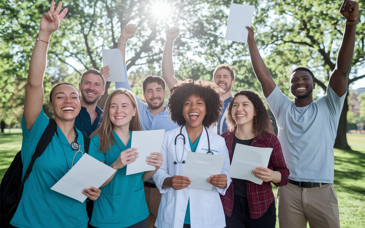 An uplifting image symbolizing success in medical applications, featuring a group of diverse students celebrating together after receiving residency match results. They are outdoors in a park, some are holding papers with joyful expressions. The sun is shining brightly, reflecting a sense of accomplishment and community, showcasing the excitement and hope associated with starting their medical careers.