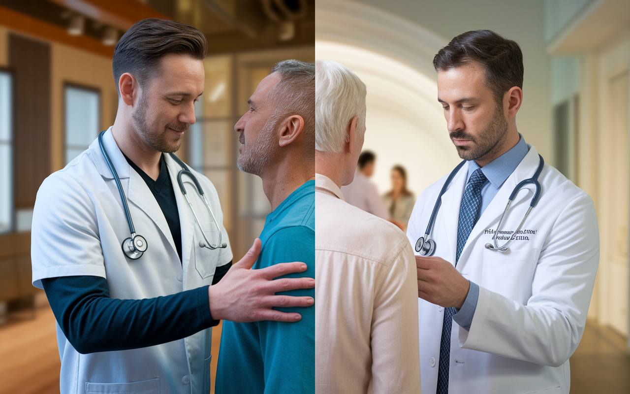 A split-image scene illustrating the differences between DO and MD practices. On the left, an osteopathic physician performing a treatment using osteopathic manipulative treatment (OMT), with thoughtful patient interaction, showcasing a holistic care environment. On the right, an allopathic physician conducting a standard examination in a clinical setting, both wearing white coats. The background subtly highlights the merging of both pathways, symbolizing integration and collaboration in the healthcare system.