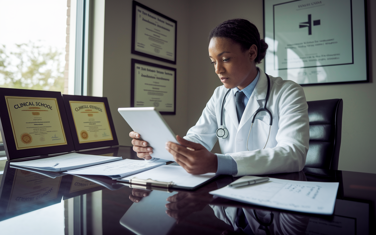 An introspective moment of a medical student seated at a polished wooden desk, examining their academic records on a tablet. The surroundings display clinical certificates, a medical school poster, and a window with natural light streaming in. The student's expression reveals determination and a drive to evaluate their readiness for the residency application, with notes on potential areas of improvement scattered around.