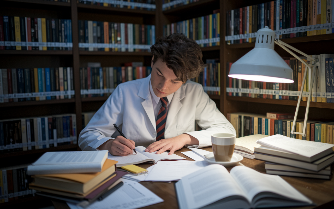 A dedicated medical student in a quiet library corner, passionately writing their personal statement at a wooden table. The scene is filled with books, some opened, and notes scattered around, along with a cup of coffee to fuel their concentration. Soft, warm lighting from a nearby lamp creates an inviting atmosphere, highlighting the student's commitment to sharing their journey and aspirations in medicine.