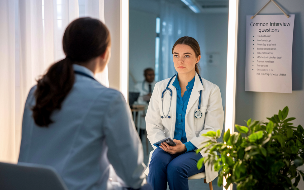 A medical student sitting in front of a mirror in a well-lit room, practicing answers for residency interviews while dressed in professional attire. A list of common interview questions hangs on the wall, and the ambiance is filled with a sense of anticipation and readiness. The scene captures a moment of self-reflection and preparation, with soft light emphasizing the student’s determination to succeed.