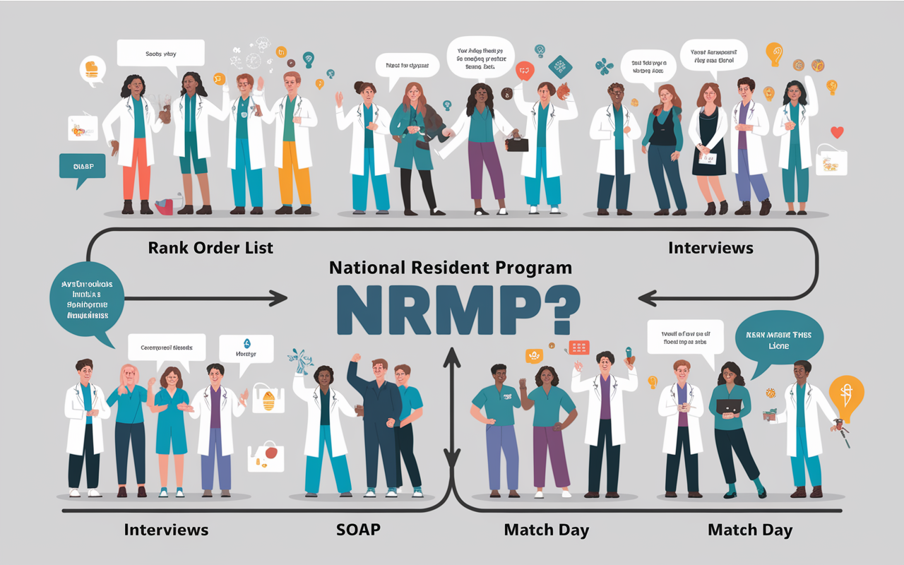 A graphic representation of the National Resident Matching Program (NRMP) process. Illustrated with a flowchart showing steps like 'Rank Order List', 'Interviews', 'SOAP', and 'Match Day', with each step creatively personified by diverse medical students portrayed in various settings like group discussions and celebrations. The design is vibrant, capturing the excitement and complexities of matching into residency programs.