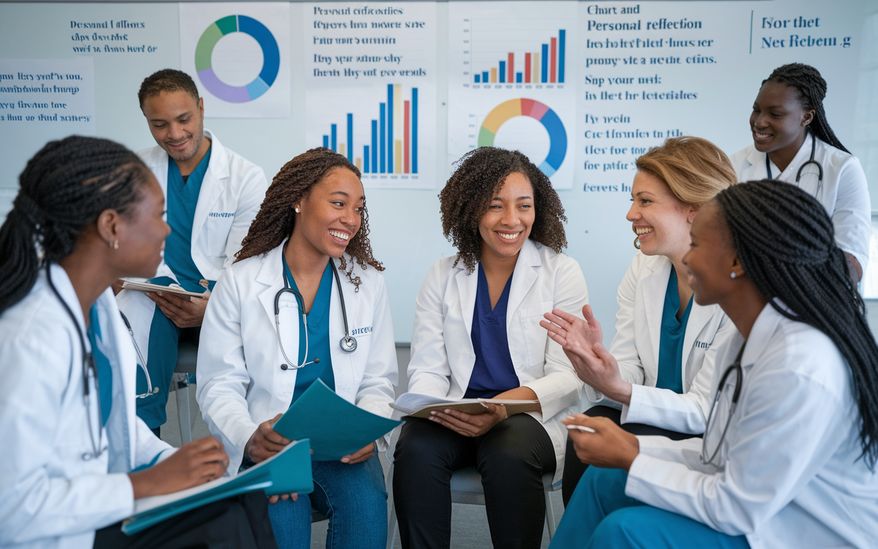 A group of diverse medical students gathered in a reflective workshop setting, engaged in discussions about their match results. Some express joy while others show determination for the next steps. Charts and personal reflection prompts are displayed on a whiteboard, with a warm, supportive atmosphere emphasizing camaraderie and shared experiences in their medical journeys.