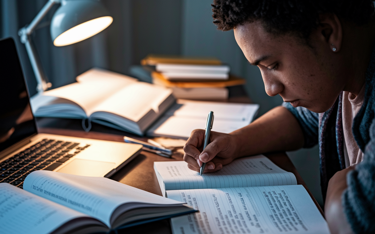 A close-up shot of a student deeply focused at a cluttered desk, with a laptop and open books scattered around. They are writing their personal statement for residency applications, with a thoughtful expression on their face. A warm desk lamp casts soft light, illuminating their notes that include personal anecdotes and goals in medicine. The atmosphere is one of quiet determination and creativity, emphasizing the intensity and importance of this pivotal moment.