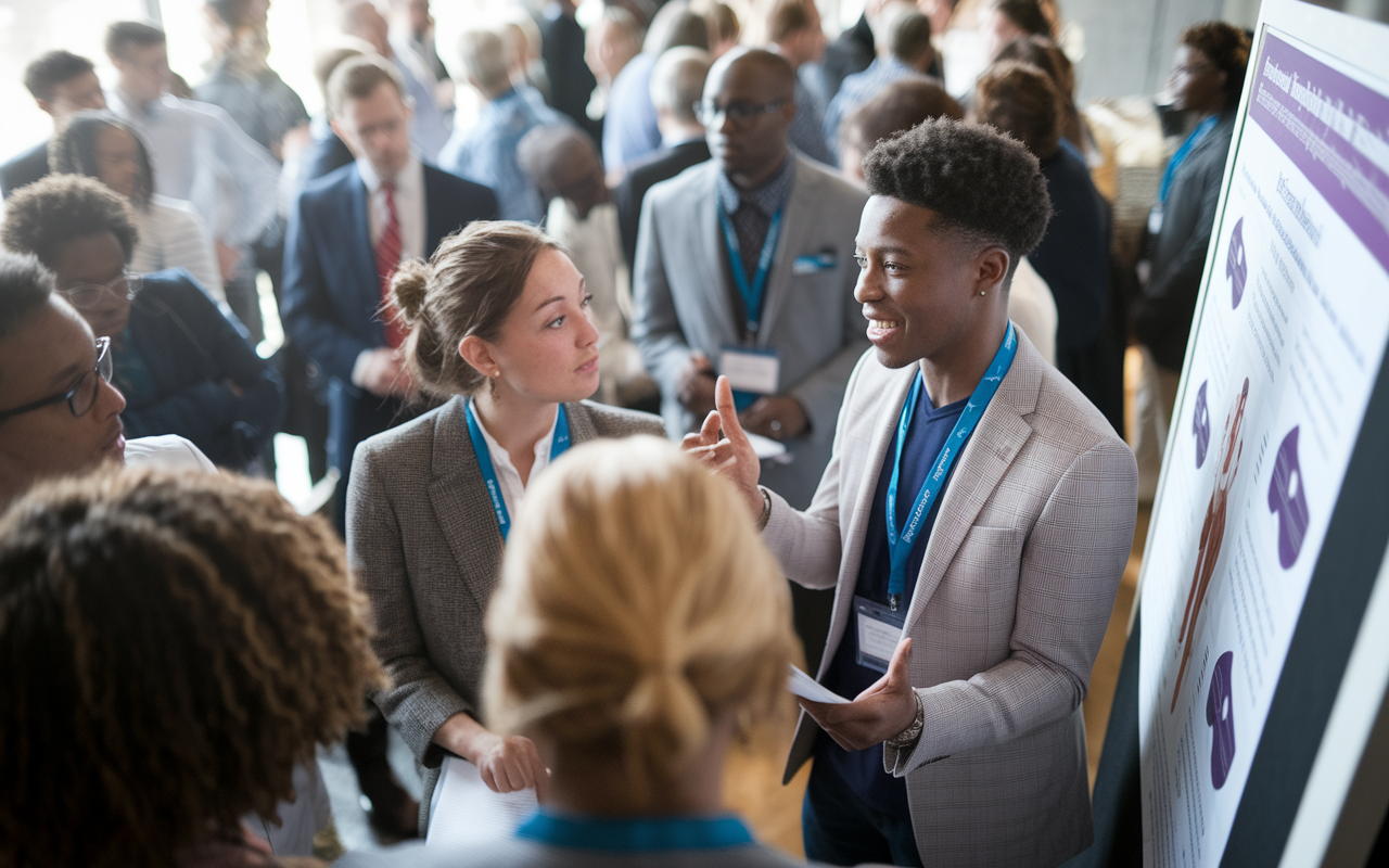 An energetic scene at a medical conference, with a diverse group of scholars and clinicians gathered around a poster presentation. A passionate young DO is explaining their research findings about osteopathic care, using visuals on a poster board. Attendees are engaged, asking questions, and taking notes, creating an atmosphere of collaboration and knowledge-sharing. Soft lighting enhances the serious yet enthusiastic mood of the event.