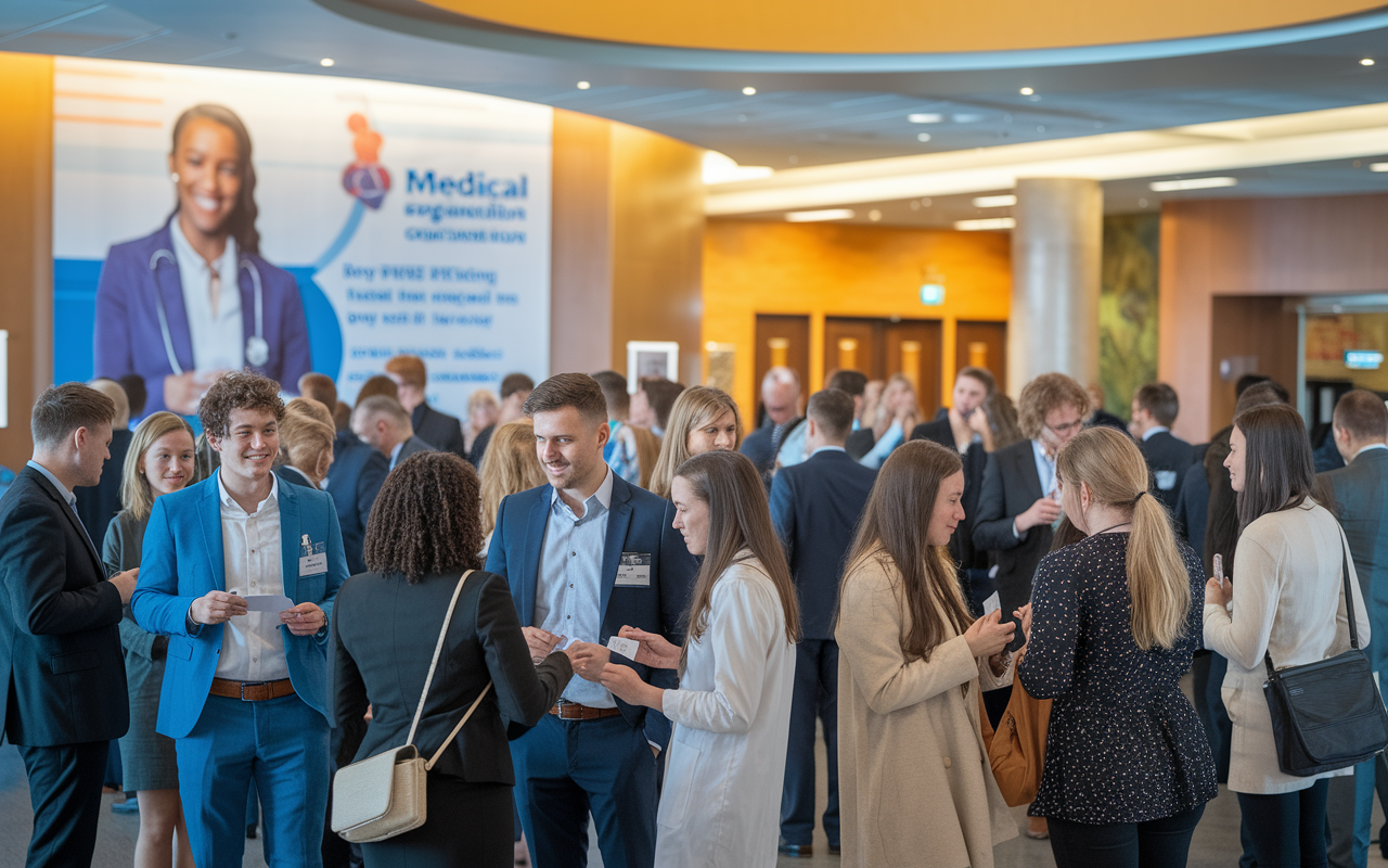 A vibrant networking event with medical students and professionals mingling in a hospital lobby. Groups of people are engaged in animated discussions, exchanging ideas and business cards, with a large banner in the background promoting a medical organization. The warm lighting creates an inviting atmosphere, symbolizing connection and collaboration in the medical community.