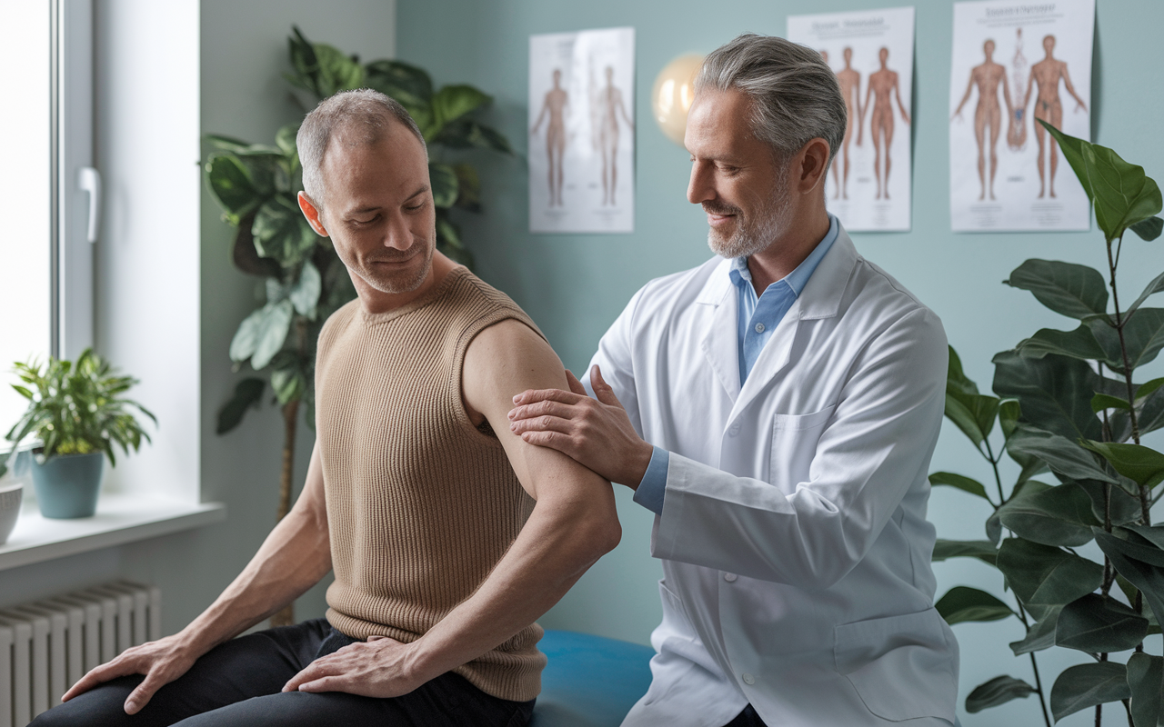 A compassionate osteopathic physician performing osteopathic manipulative treatment (OMT) on a patient in a softly lit consultation room. The physician is gently guiding the patient’s arm while explaining the holistic approach to care. A calming atmosphere with plants and medical charts on the walls emphasizes the focus on healing and patient-centered care. The scene conveys trust, mindfulness, and professionalism.