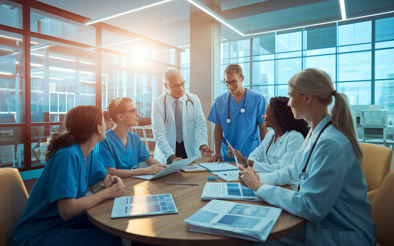 A busy, modern hospital scene featuring a blend of MDs and DOs collaborating in a conference room, discussing patient care strategies. The room is filled with medical charts and technology, with warm lighting creating an inviting atmosphere. The healthcare professionals, dressed in their respective scrubs, display a sense of camaraderie and teamwork, emphasizing the importance of interprofessional collaboration in healthcare. Large windows reveal a bright day, symbolizing hope and progress in medicine.