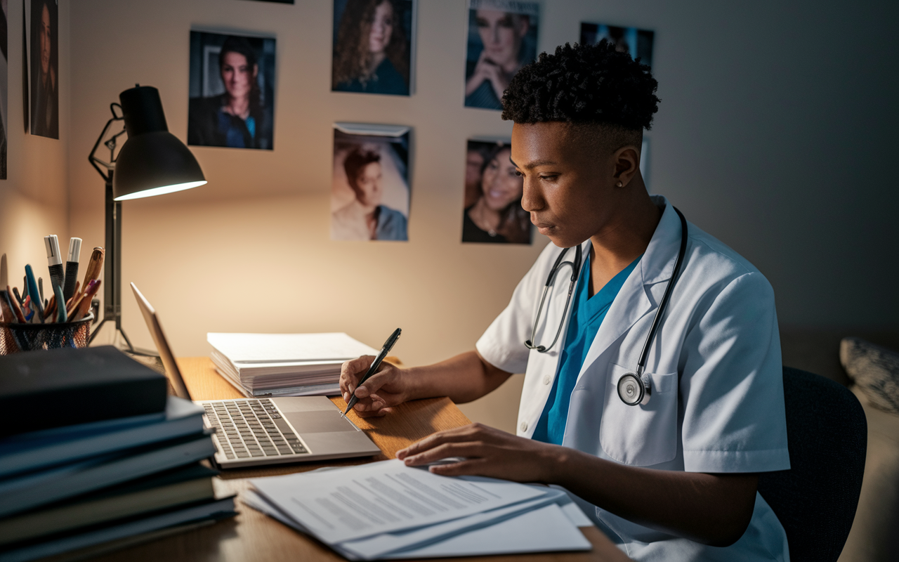 A focused medical student sits at a cozy desk cluttered with medical textbooks and papers, crafting a personal statement on a laptop. Soft ambient lighting provides a warm glow, emphasizing the introspective mood of the scene. Pictures of family and medical achievements adorn the wall, symbolizing inspiration and support. The student’s expression is determined as they reflect on their journey and future in medicine, capturing the essence of personal storytelling in their application.