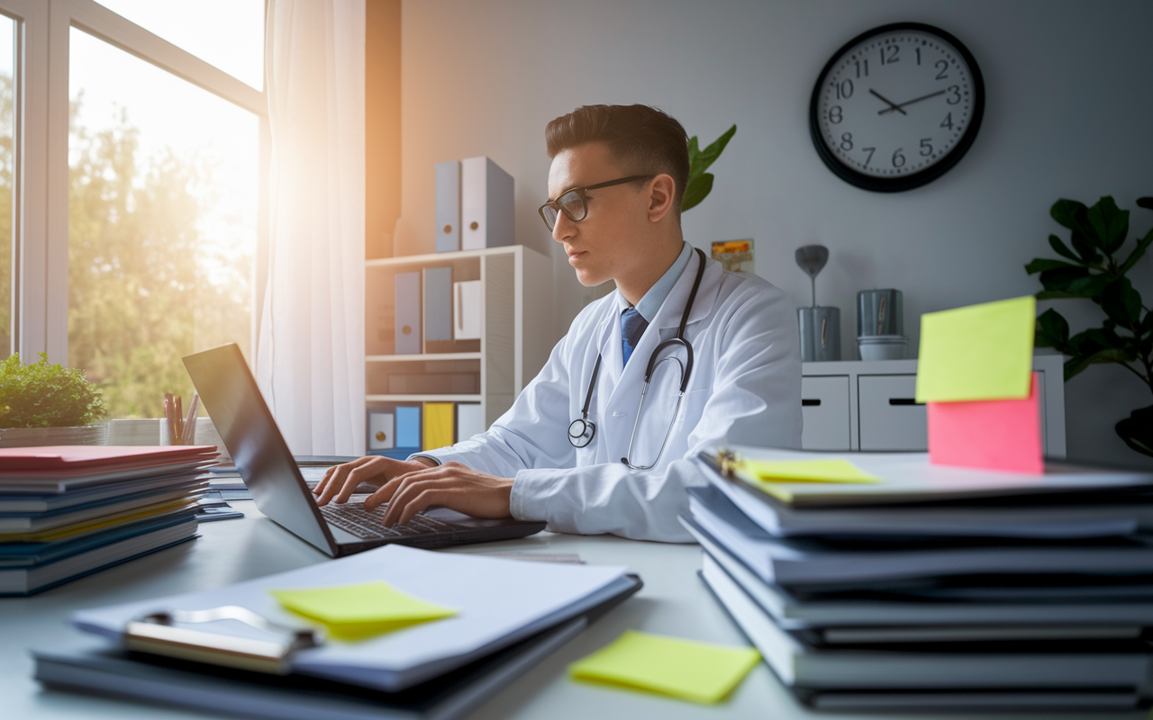 An earnest medical student, seated in a modern home office, is focused on their laptop as they submit their residency application via the ERAS portal. The desk is organized with neatly stacked documents and post-it notes reminding of deadlines. The room is brightened by natural light filtering through a nearby window, creating a motivating atmosphere. A wall clock shows the time ticking, reflecting the urgency and importance of the moment in their medical career.