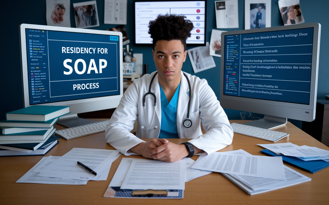 A determined medical student sits in front of multiple screens displaying residency program details, preparing for the SOAP process. The room is filled with energy, with one screen showcasing a countdown timer, highlighting the urgency of the situation. Papers and textbooks are spread around, reflecting extensive research. The student's expression conveys focus and resolve, symbolizing the resilience required to navigate unexpected challenges in residency applications.