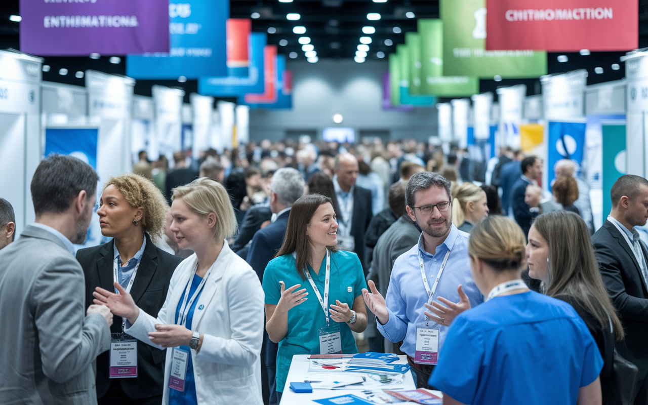 A vibrant medical conference scene, showcasing diverse healthcare professionals engaged in discussions and networking. Attendees, in professional attire, exchange ideas at booths filled with informational materials. Bright banners representing different specialties hang overhead, creating a lively atmosphere. The participants express enthusiasm and collaboration, embodying the spirit of community and support within the medical field.