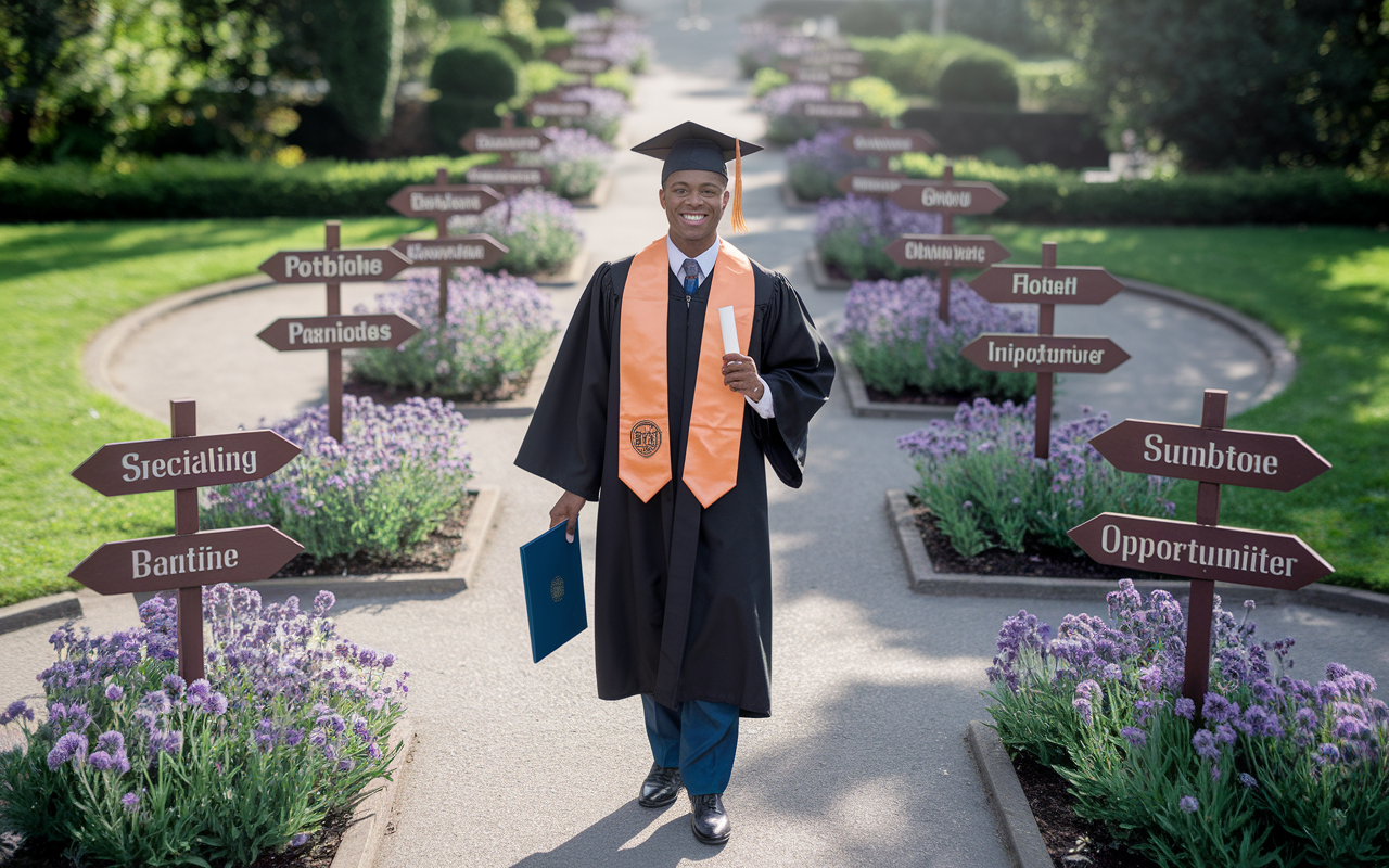 A confident and hopeful medical graduate in graduation attire stands at a crossroad, holding a diploma in one hand while gazing at different paths leading to various specialties. The scene is set in a sunlit garden, vibrant flowers symbolizing growth and opportunity. Each path is marked by signs representing different fields of medicine, conveying the expansive possibilities ahead. The graduate's expression is focused and optimistic, embodying the journey ahead in their medical career.