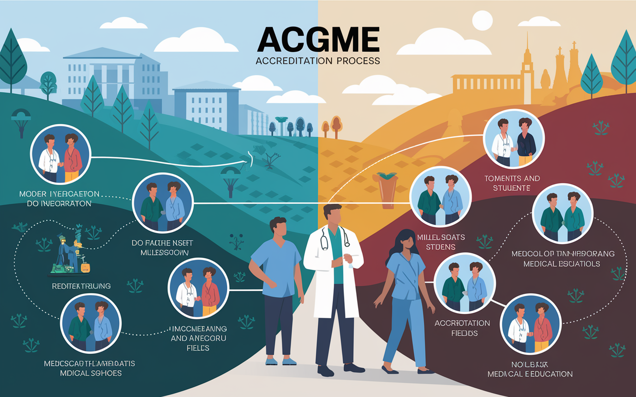 A visual representation of the evolution of the ACGME accreditation process, featuring a timeline with key milestones for DO integration. Include icons or images of DO students mingling with MD students, highlighting the collaborative essence of modern medical education. The background symbolizes both the osteopathic and allopathic fields, showcasing diverse landscapes of medical schools. The overall atmosphere is hopeful and dynamic, representing the pathway into ACGME residency programs.