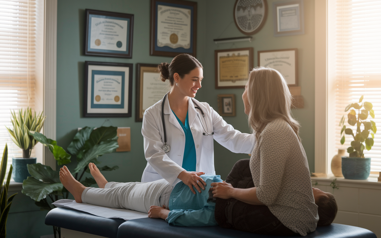 An inspirational scene of a young female DO resident interacting with patients in a cozy clinic setting, using Osteopathic Manipulative Treatment (OMT). The room is nurturing, filled with warmth and sunlight filtering in through the windows. Various medical diplomas and awards hang on the walls, reflecting the holistic and preventive care focus of osteopathic medicine. The mood is compassionate, showcasing the DO's unique approach to patient-centered care, with a sense of trust and comfort between the doctor and patient.