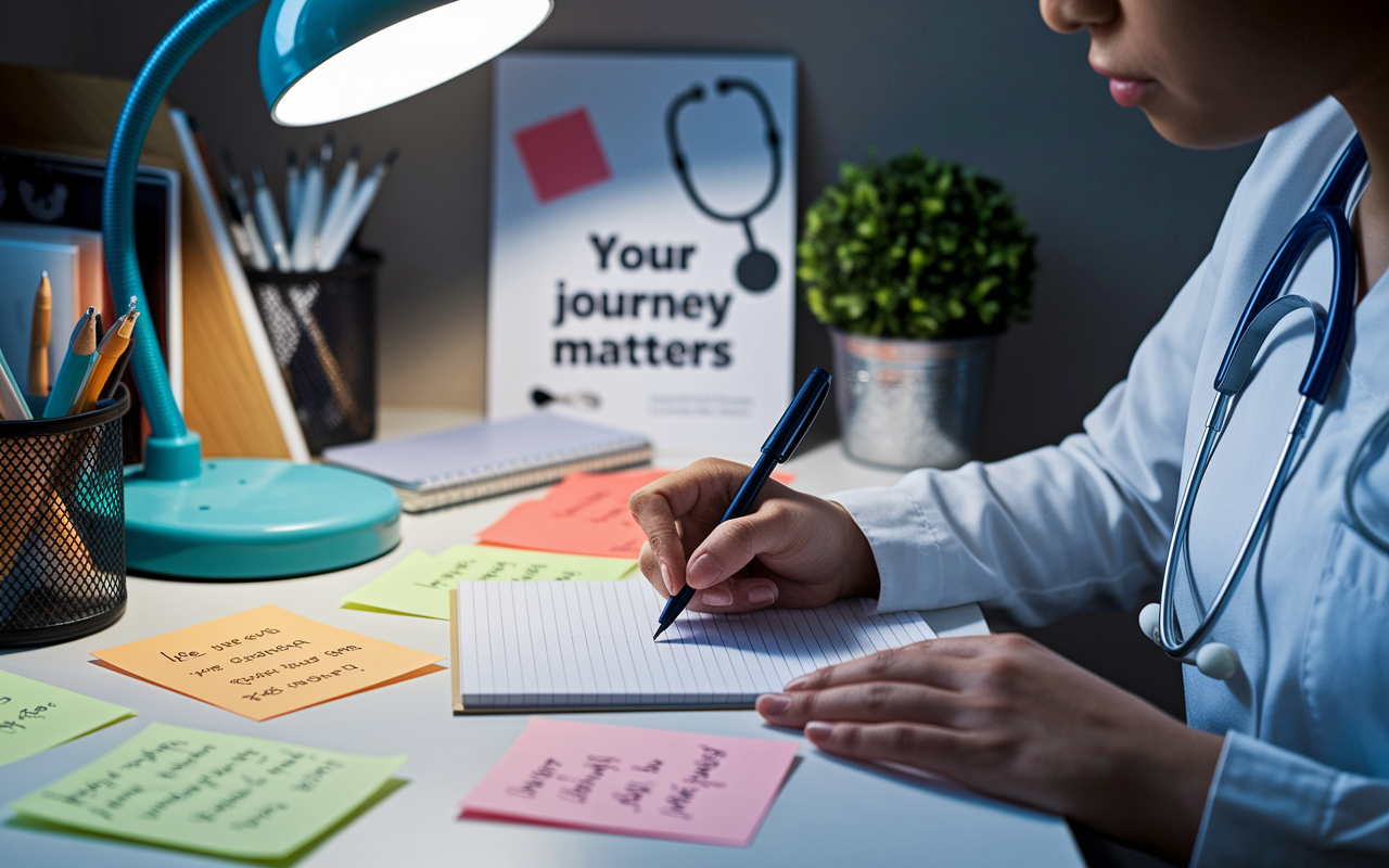 A close-up view of a medical student diligently writing their personal statement in a cozy, well-organized workspace. There are notes scattered around featuring inspiring quotes and personal achievements. A soft light from a desk lamp creates an inviting ambiance, while a motivational poster featuring a stethoscope and the phrase 'Your Journey Matters' hangs on the wall behind. The atmosphere is one of focus and introspection, highlighting the importance of crafting a compelling narrative.