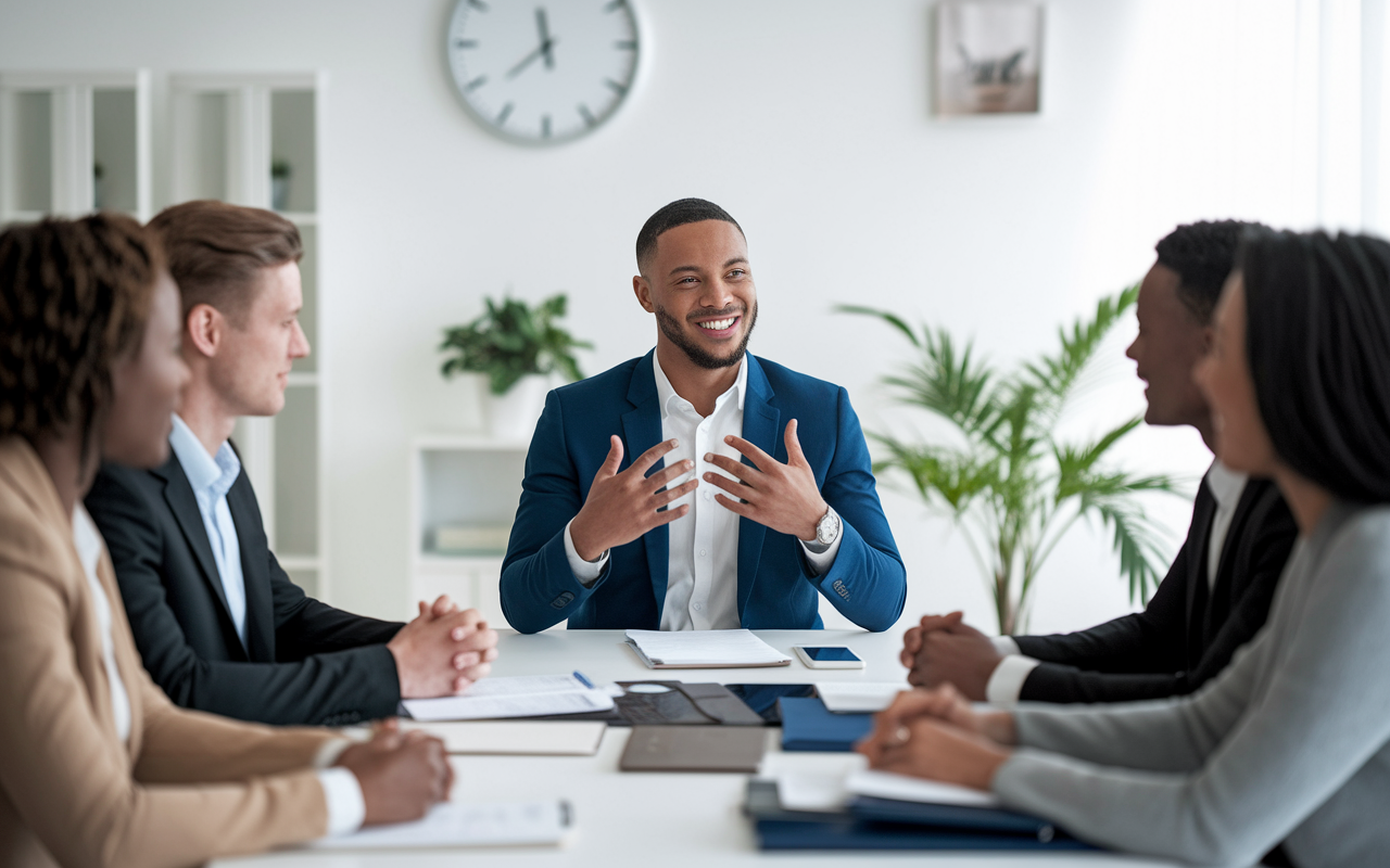 A confident DO candidate sitting across a panel of diverse interviewers in a bright, welcoming interview room. The atmosphere is professional yet friendly, showcasing a mixture of tension and excitement. Various application materials are neatly organized on the table in front of them. Background includes elements like a clock showing time pressure and a small plant representing growth. The candidate is emotive, articulating their journey and aspirations passionately, while the interviewers nod in understanding.