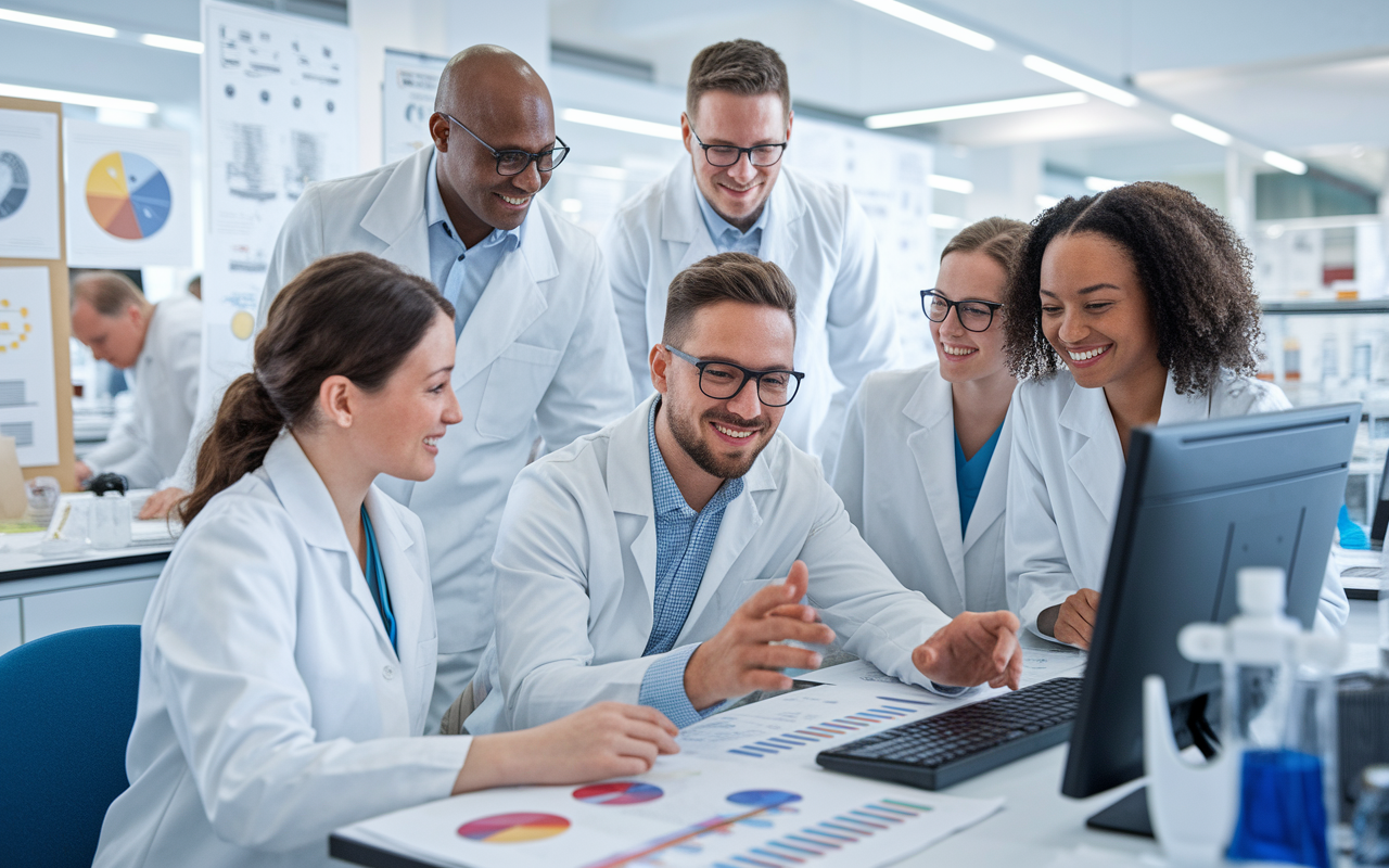 A group of enthusiastic DO students gathered in a laboratory setting, collaborating on a medical research project. They are engaged in discussion, reviewing data on a computer screen with various scientific equipment around them. The room is bright, filled with charts and posters of their research findings, giving a vibrant and innovative feel. Lively expressions convey their passion for advancing medicine, showcasing teamwork and dedication to their respective specialties.