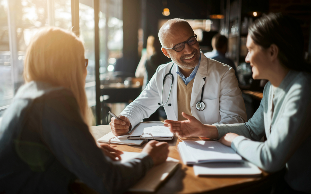 A mentoring scene in a quiet coffee shop where a seasoned physician is advising a young DO student on residency applications. The table is filled with notebooks and medical journals. The warm ambiance, with sunlight filtering through the window, emphasizes a sense of guidance and support. The expressions reflect intense discussion punctuated with smiles and understanding gestures, showcasing the importance of mentorship within the medical community.