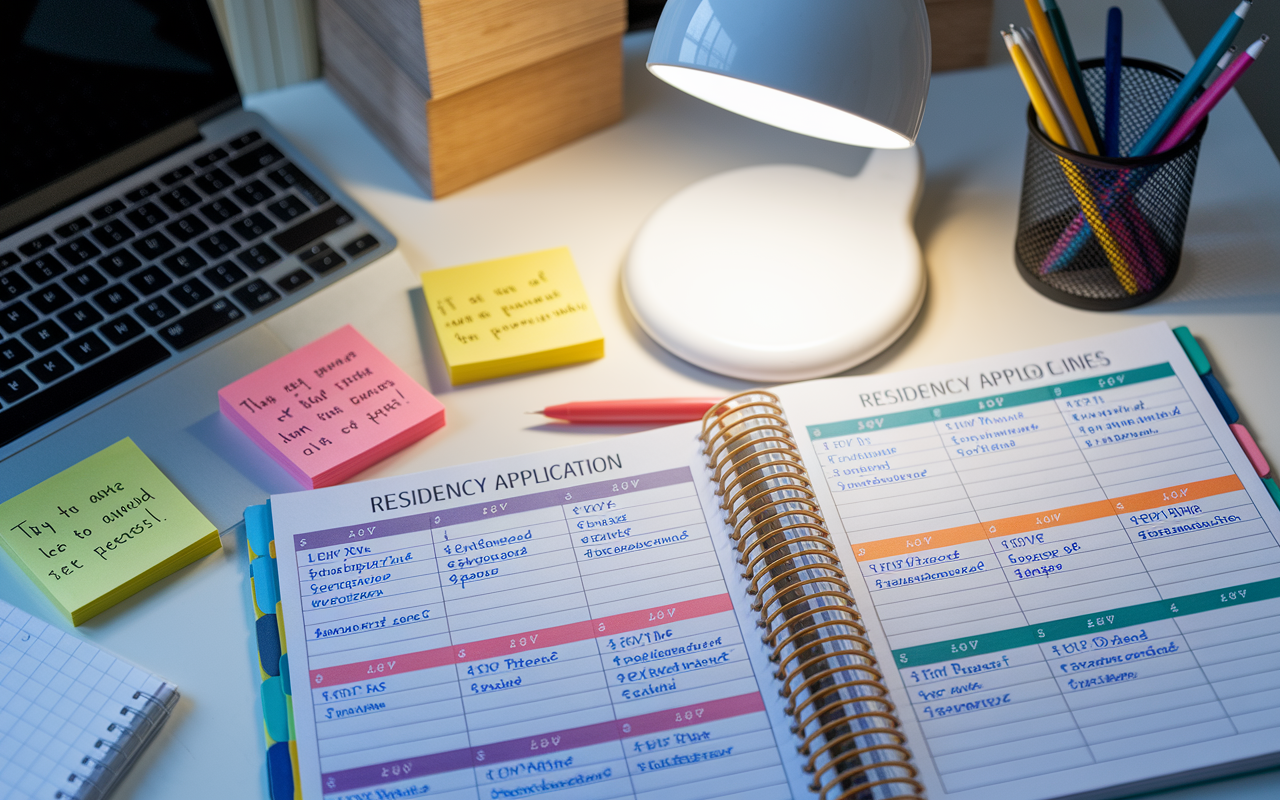 A well-organized desk with a large planner open to a detailed timeline for the residency application process. Color-coded sections outline key deadlines for applications, letters of recommendation, and personal statements. Nearby, sticky notes with reminders and motivational quotes are visible, contributing to a focused and proactive environment. The soft glow of a desk lamp enhances the sense of responsibility and readiness.