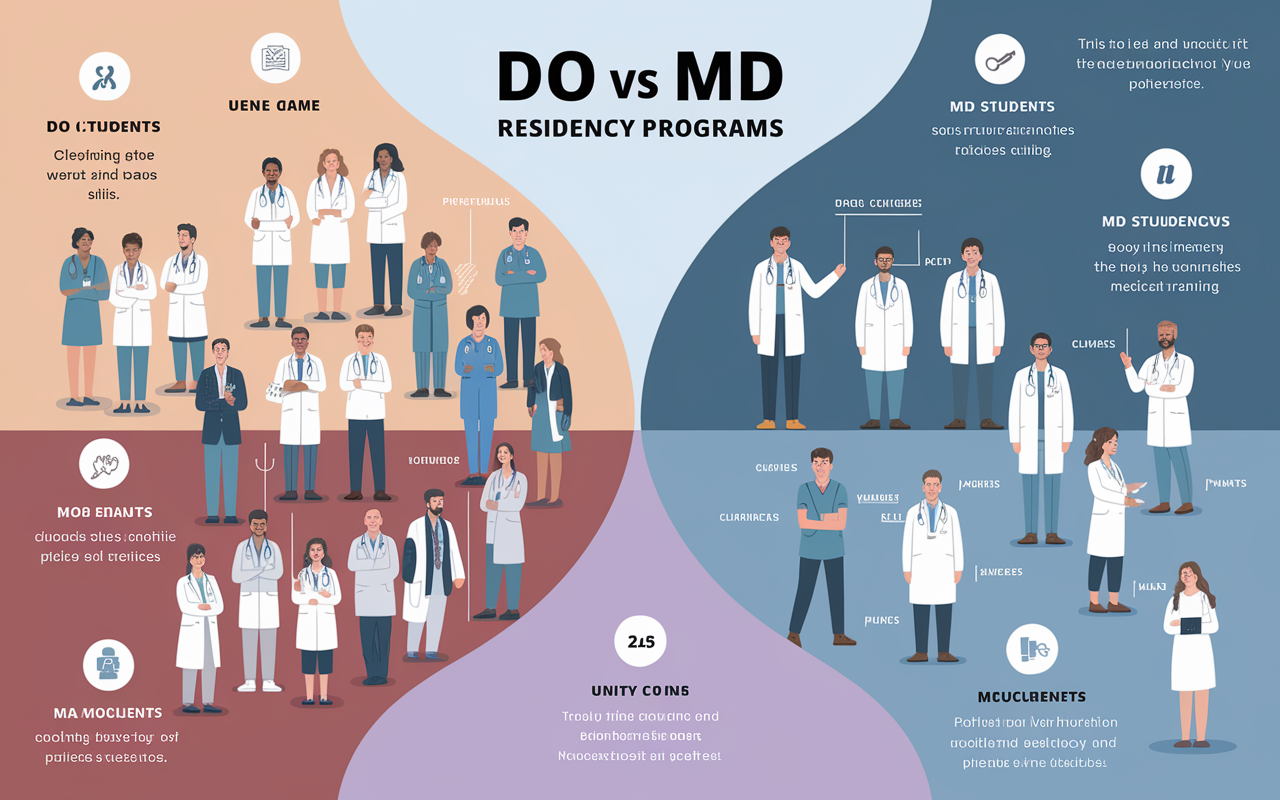 An infographic-style illustration demonstrating the differences between DO and MD residency programs. On one side, a diverse group of DO students is depicted, engaged in holistic patient care practices. On the other side, MD students are shown in clinical settings, emphasizing clinical skills. The background is a soft gradient, merging the two sides, symbolizing unity and diversity in medical training. Vibrant colors enhance visual appeal, making the infographic educational and attractive.