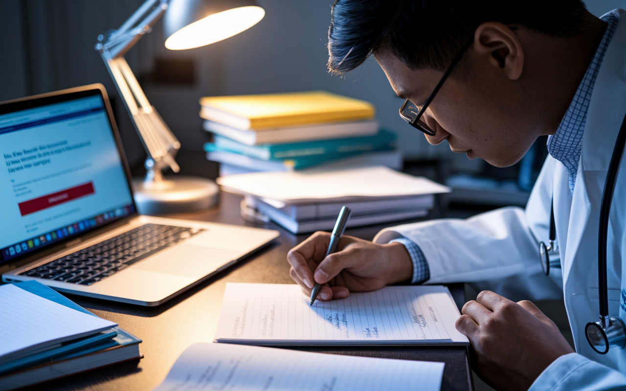 A close-up of a medical student at a desk, intensely focused on writing their personal statement for residency. The desk is cluttered with textbooks, notes, and a laptop displaying the ERAS homepage. A warm desk lamp casts a soft glow, enhancing the scene's intimacy and concentration. The student, a South Asian male in glasses, displays emotional engagement while reflecting the anticipation of beginning a medical career. The atmosphere involves creativity and determination.