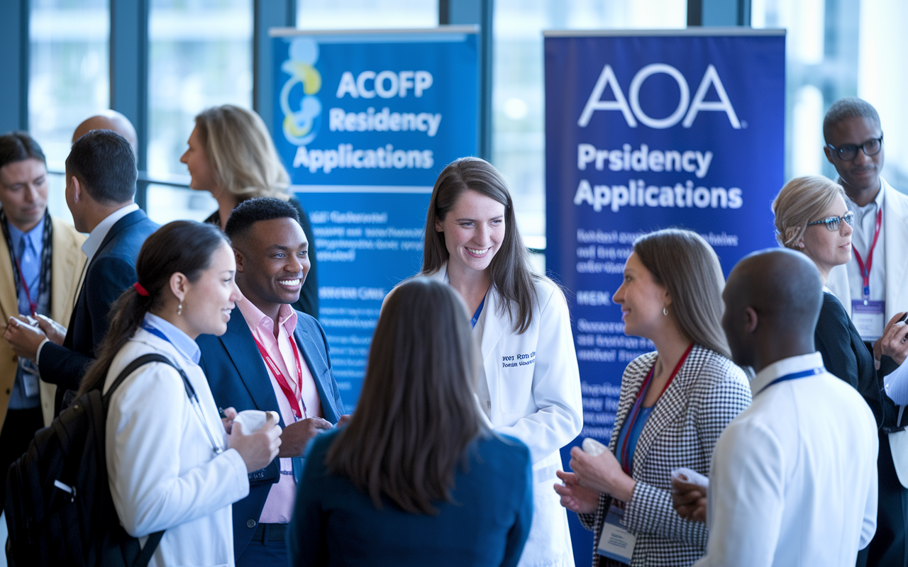 A vibrant scene at a medical conference, depicting healthcare professionals of various ethnicities networking. One group is engaged in animated discussion, sharing experiences about ACGME residency applications. An informational backdrop displays banners for the ACOFP and AOA. Soft, professional lighting creates an optimistic and supportive atmosphere. The image captures the essence of community, mentorship, and professional growth within the medical field.