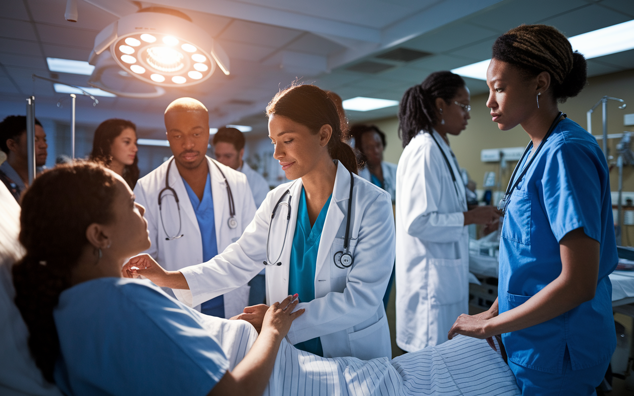 A dynamic scene within a hospital ward where a diverse group of medical residents, including DO and MD candidates, are engaged in patient care. Under the warm glow of overhead lighting, one female resident, of Hispanic descent, checks a patient’s vitals alongside her supervising physician, while other residents are discussing cases by a workstation. The atmosphere is busy and collaborative, illustrating the essence of medical training in a real-world environment.