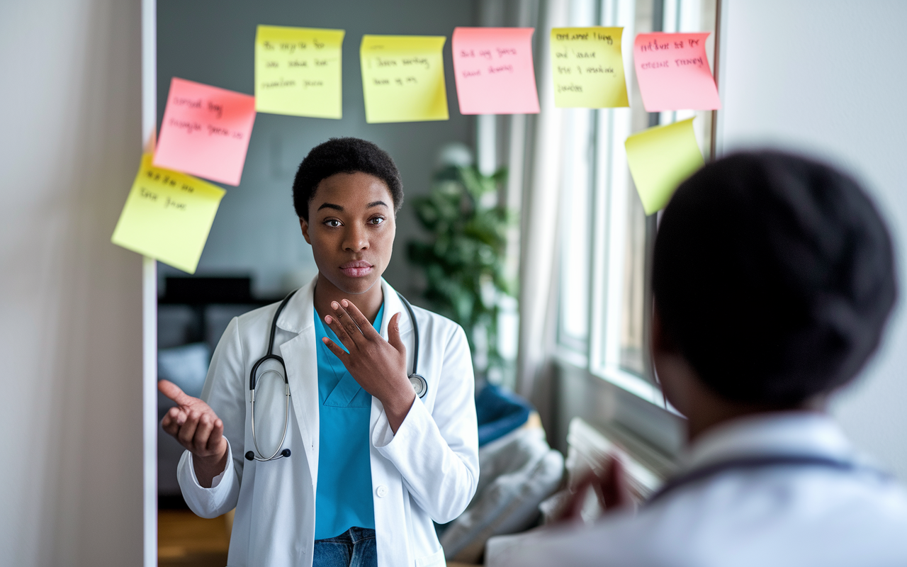 A calm, focused medical student of African descent rehearses interview responses in front of a mirror in a well-lit apartment. Sticky notes with key points are scattered around the mirror, creating an organized, studious environment. The soft morning light filters through the window, enhancing the scene's serene and contemplative mood, portraying the individual's commitment to mastering interview techniques.