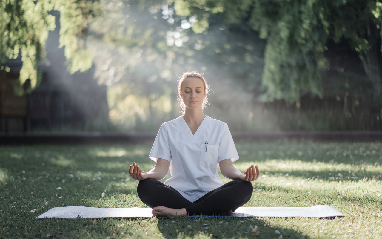 A peaceful scene showing a medical resident, a Caucasian female, practicing mindfulness in a serene park setting. She sits cross-legged on a yoga mat, surrounded by nature, enfolded in dappled sunlight filtering through the trees. A gentle breeze stirs, creating an atmosphere of tranquility and self-reflection, highlighting the importance of mental well-being amidst the challenges of residency.