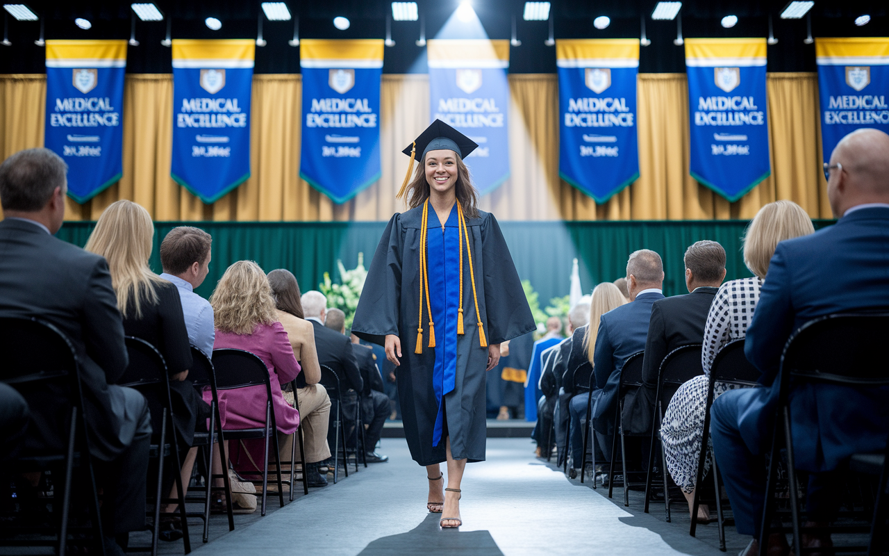 A hopeful medical graduate, wearing a cap and gown, confidently walks across the stage of a graduation ceremony, surrounded by family and friends cheering in the audience. The backdrop includes vibrant banners celebrating medical excellence. Bright, hopeful sunlight beams down, symbolizing a future filled with possibilities and achievements in the field of medicine. The scene captures the pride and joy of embarking on a new chapter after completing medical training.