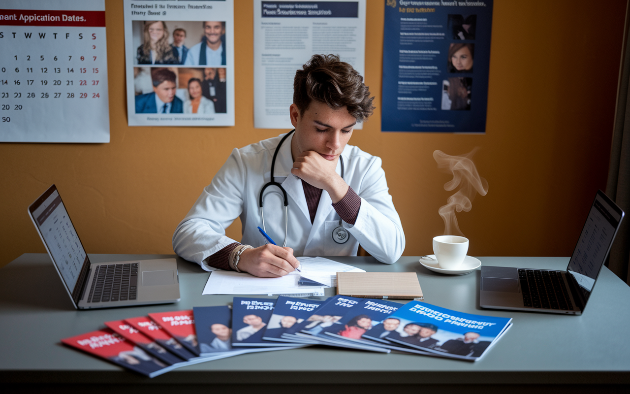 A medical student sitting at a desk filled with brochures and laptops open to various residency program websites. The room is warmly lit, with a wall calendar marking important application dates, and a cup of coffee steaming nearby, depicting a focused atmosphere. The student is deep in thought, writing notes while surrounded by informational posters about different specialties, creating a rich, immersive study environment.