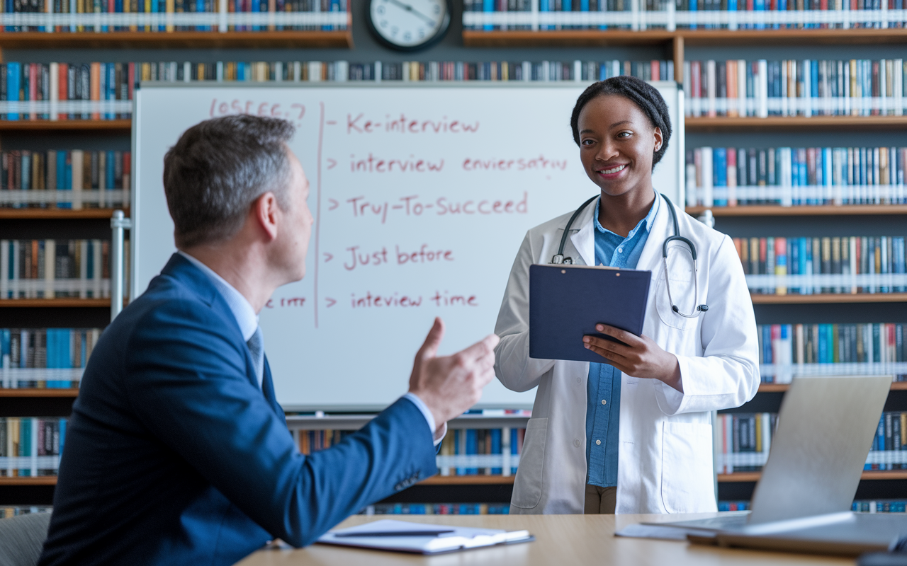 A student practicing for residency interviews with a mentor in a well-lit room filled with medical books. The mentor is seated, providing feedback, while the student stands in a confident pose, holding a clipboard. The atmosphere is supportive, with a whiteboard in the background displaying key interview tips and a clock indicating it’s just before the interview time, creating a dynamic, ready-to-succeed environment.