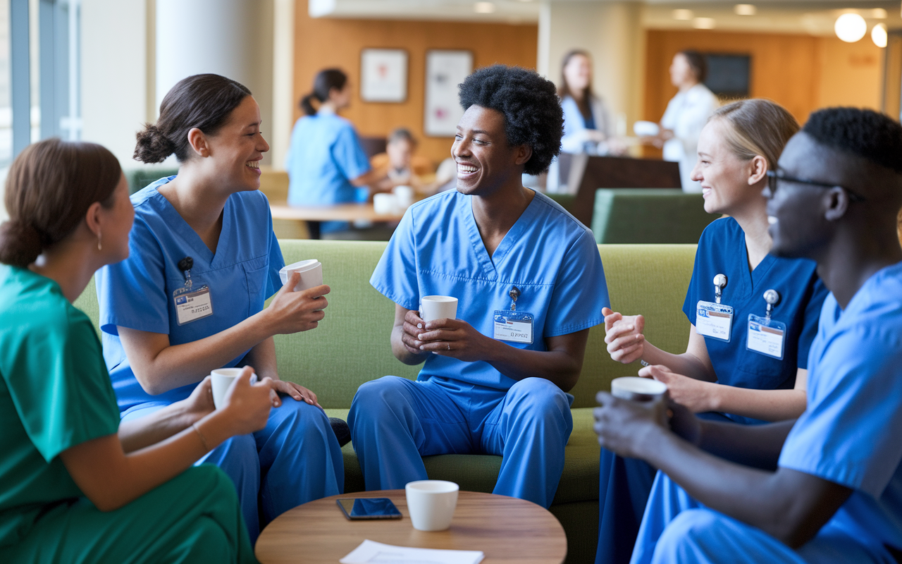 A diverse group of residents in a hospital lounge, engaged in a lively discussion and networking. They are in varied scrubs with name badges, laughing and sharing experiences over coffee. The setting is warm and inviting, with medical charts and a patient care area visible in the background, illustrating the importance of building strong professional relationships.