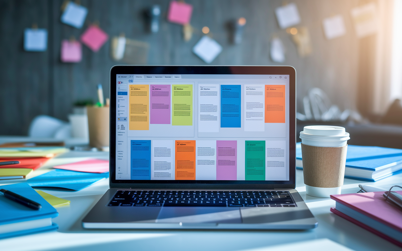 A laptop screen displaying the Electronic Residency Application Service (ERAS) interface filled with colorful application submissions and documents. The background reflects a modern, organized workspace with notes, coffee cups, and medical textbooks, portraying the busy life of a medical student preparing for residency applications. The lighting is soft and ambient, creating a focused yet relaxed working atmosphere.