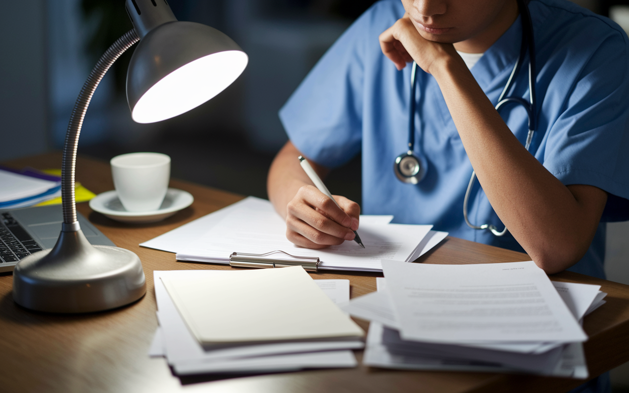 A close-up view of a medical student, dressed in casual attire, sitting at a desk cluttered with papers and a laptop, deeply focused on writing their personal statement. The workspace is illuminated by a desk lamp, casting a warm glow, with a cup of coffee nearby, symbolizing late-night efforts and dedication. The student's expression is thoughtful and introspective.